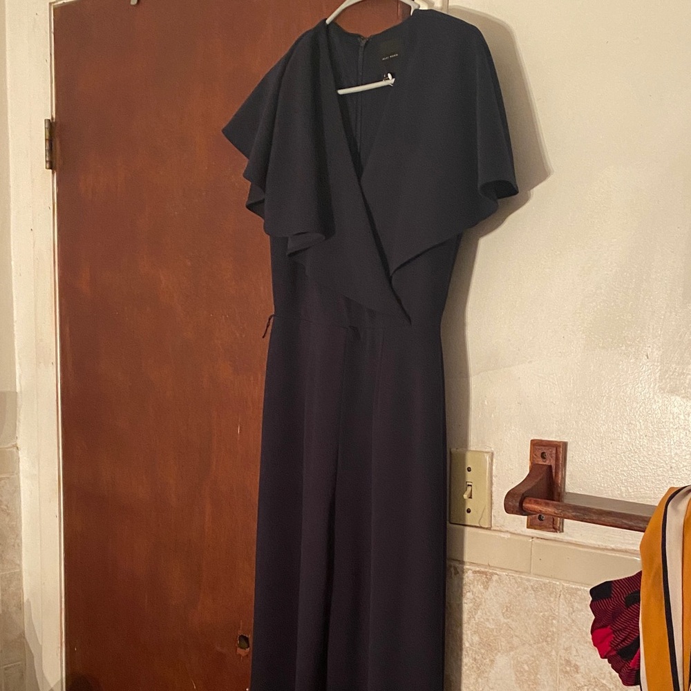 Alex Marie One-Shoulder Navy Jumpsuit with Draped Cape